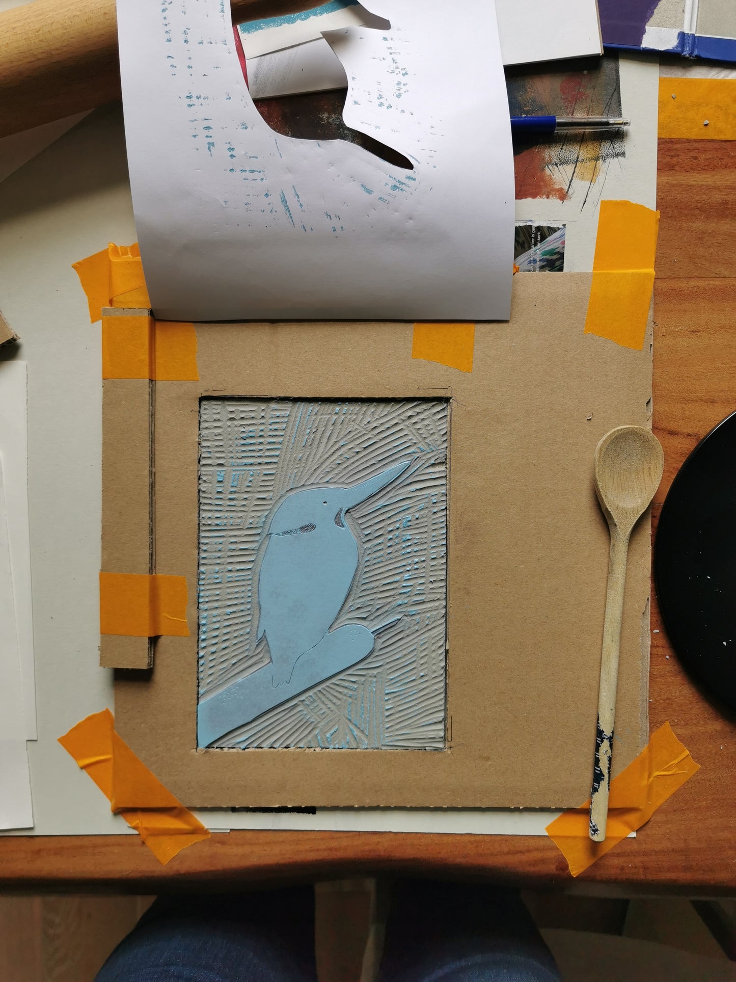 Linoprint Ijsvogel (reduction)